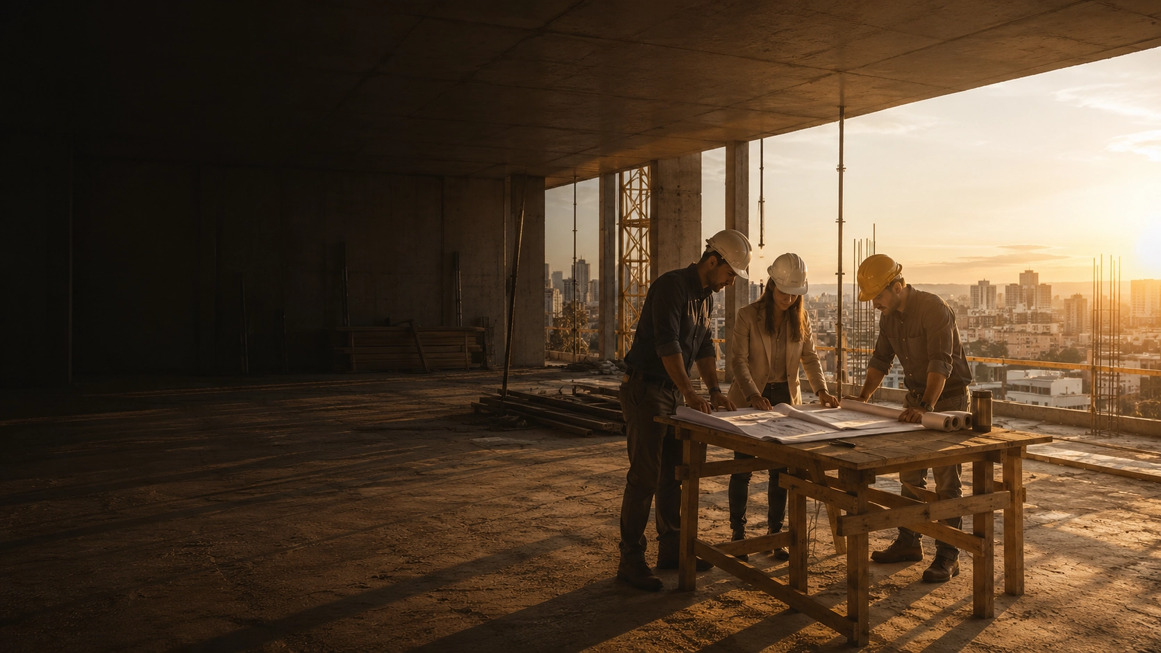 Equipe revisando planta em obra ao entardecer, skyline ao fundo